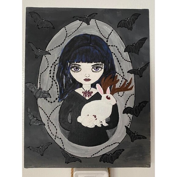 Albino Jackalope Girl Goth Deviant Pop Surrealism Fantasy ORIGINAL PAINTING OOAK